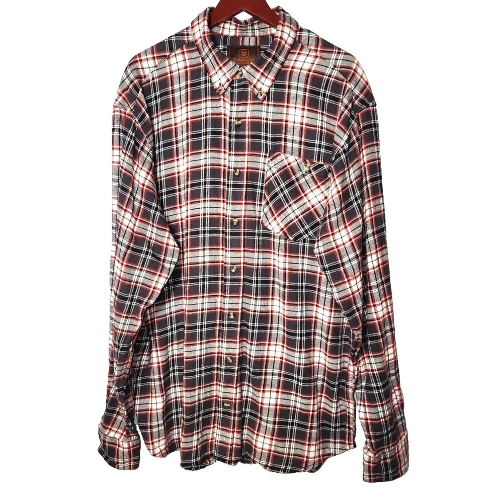 Ranch Tough Gray/Red‎ Plaid Button Down Flannel Shirt Pocket XL Tall Outdoor